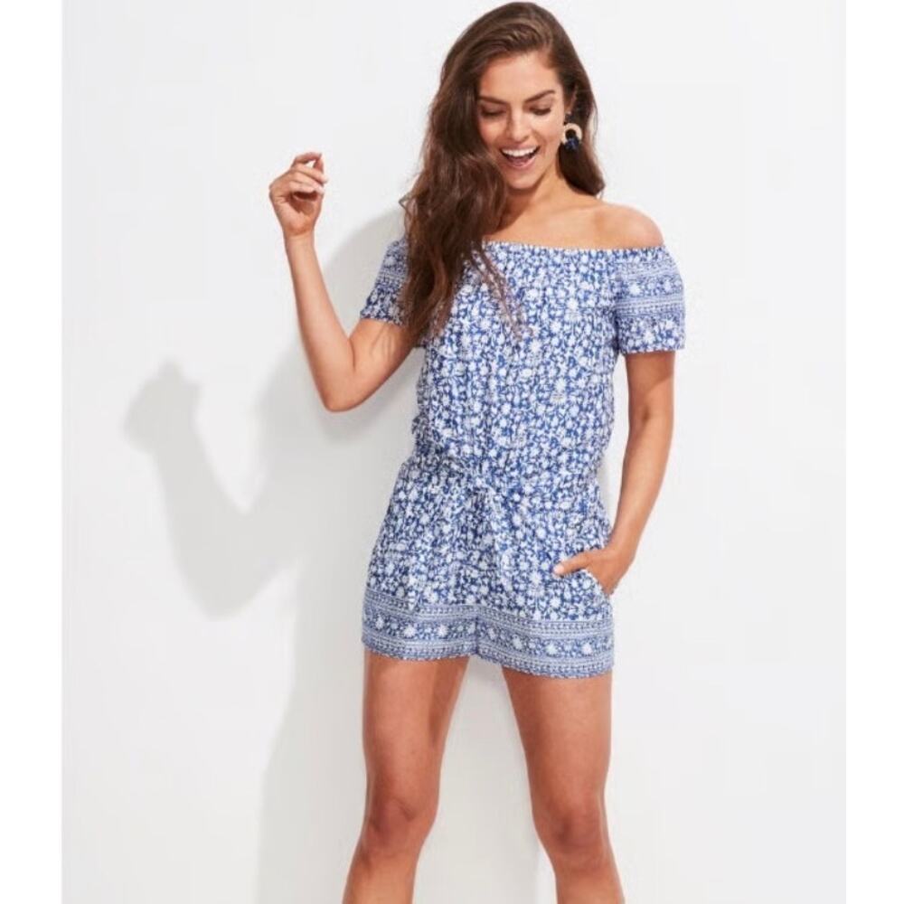 Vineyard Vines Size Medium Tie Waist Romper Blue White Floral Off The Shoulder